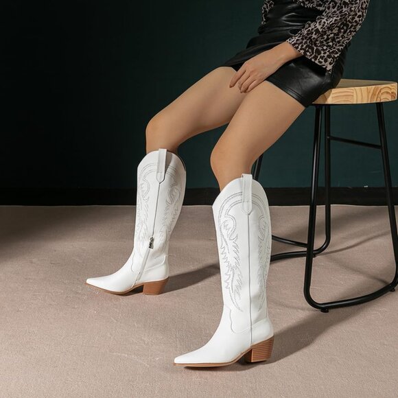 Amoji Womens White pu knee High Western Cowboy Pull On Pointed Toe Cowgirl Boots - Picture 5 of 7